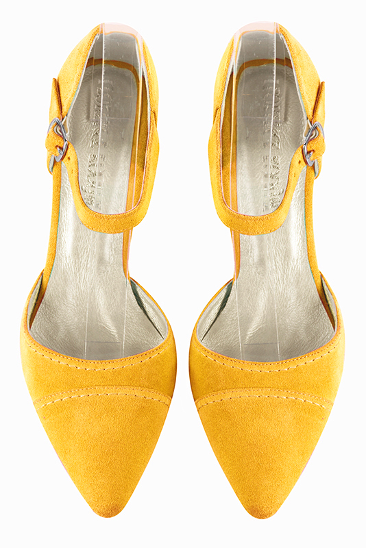 Yellow women's open side shoes, with an instep strap. Tapered toe. Medium block heels. Top view - Florence KOOIJMAN
